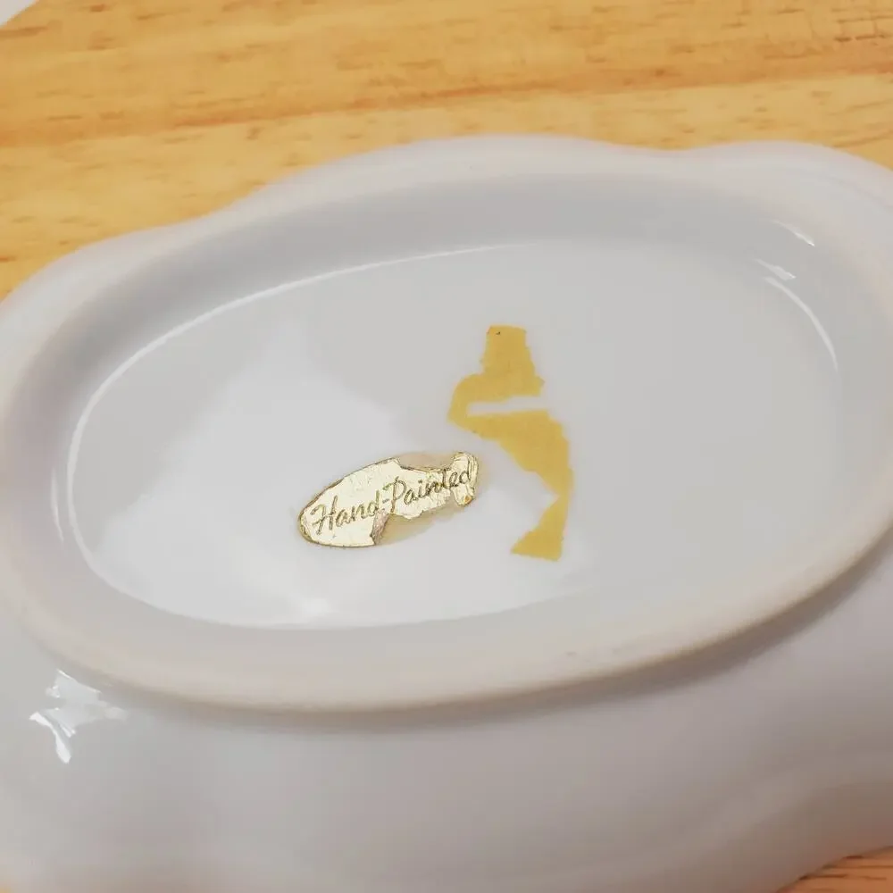 Vintage Trinket Dish Japan Made Bird Flowers Butterflies White & Gold Highlights